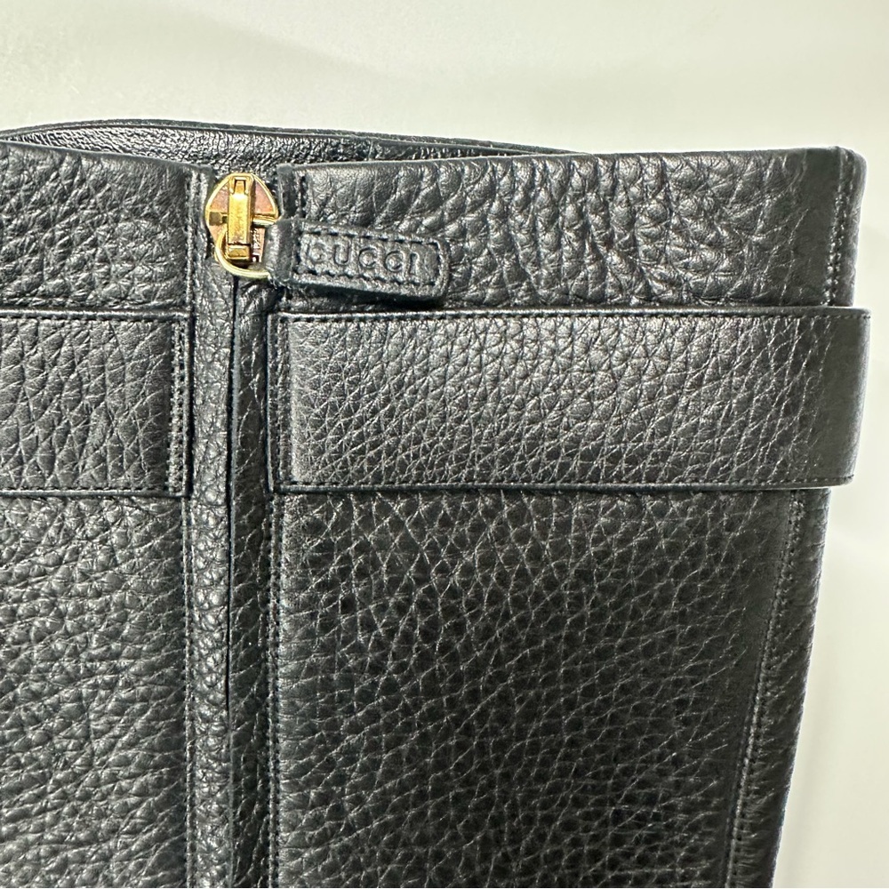 Gucci Women’s Black Leather Knee-High Heeled Boots with gold GG buckle strap - Picture 4 of 12